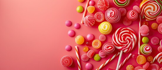 Poster - Top view of assorted colorful lollipops and round candies creating an appealing display with copy space image