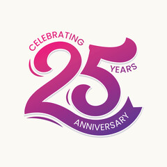 25 years anniversary celebration hand drawn logo with ribbon icon. 25th wedding anniversary greeting