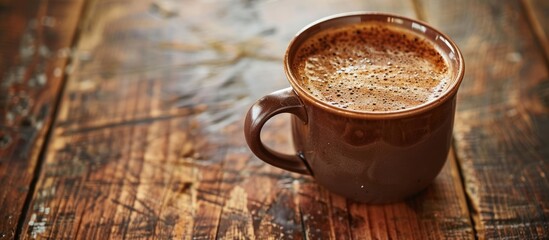 Aufkleber - Refreshingly hot coffee in a ceramic cup on a wooden table with a blank space for an image. with copy space image. Place for adding text or design
