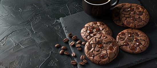 Wall Mural - Chocolate cookies made at home displayed on a black backdrop with a cup of coffee in a copy space image