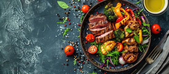 Aufkleber - A plate with grilled meat and vegetables displays a vibrant and healthy meal offering a copy space image