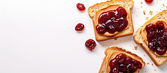 Aufkleber - Top view of peanut butter and jelly on white bread toasts against a white background with copy space image