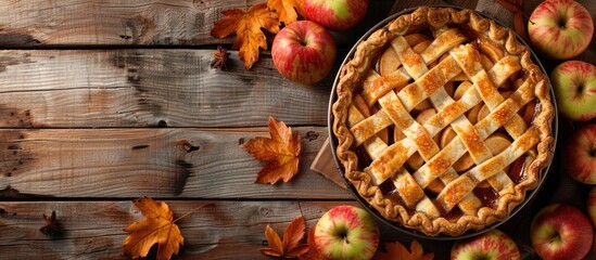 Poster - An image showing a classic autumn dessert of organic apple pie on a rustic wooden surface with space for text ideal for Thanksgiving. with copy space image. Place for adding text or design