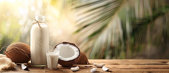 Leinwandbilder - Bottle and glass of coconut milk displayed on a table alongside a copy space image