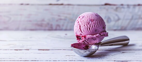 Poster - Side view of blueberry sorbet in an ice cream scoop on a white wooden surface offering empty space for image insertion. with copy space image. Place for adding text or design