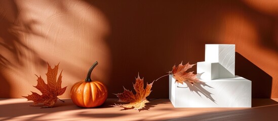 Poster - Product showcased in an autumn themed display featuring white geometric shapes alongside a pumpkin and a dry leaf on a dark orange backdrop with copy space image