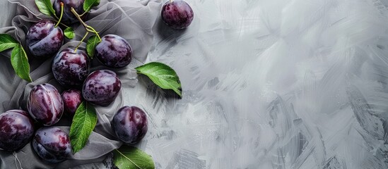 Aufkleber - Fresh ripe plums with leafs are displayed on a table with grey gauze fabric seen from above offering copy space in the image