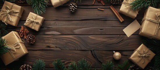 Poster - Wooden table set up with a Christmas theme including a letter and gift boxes ideal for a festive copy space image