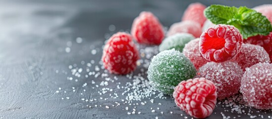 Aufkleber - Gray concrete background with mint and raspberry green jelly captured from a side view showcasing copy space image