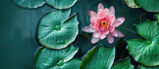 Leinwandbilder - Pink water lily flower bud in a pond with vibrant green leaves around Symbolic in spa and Asian culture viewed from the top with space for text or images. with copy space image