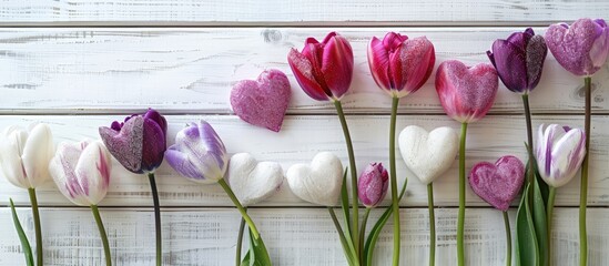 Aufkleber - White and purple tulips arranged on a white wooden backdrop a card with watercolor hearts for Valentine s Day emphasizing International Women s Day theme with selective focus on a copy space image