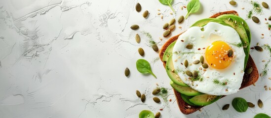 Fototapete - Top down view of avocado toast adorned with egg and pumpkin seeds on a white background with space for text or graphics. with copy space image. Place for adding text or design
