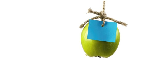 Leinwandbilder - Green apple with a blue tag hanging on rope isolated on white backdrop with copy space image