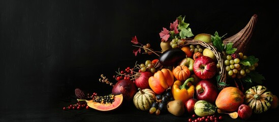 Poster - A cornucopia overflowing with autumn fruits and veggies beautifully displayed on a black background with copy space image