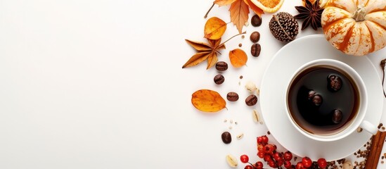 Aufkleber - Seasonal coffee and autumnal decor over white copy space image