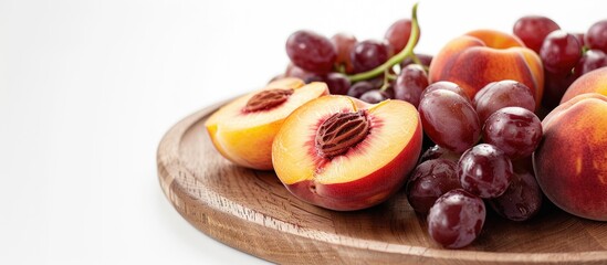 Poster - Peaches and grapes sliced on a round wooden board on a white background with copy space image
