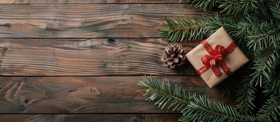 Poster - Wooden table holds a Christmas gift box and fir tree branch creating a festive setting with a copy space image