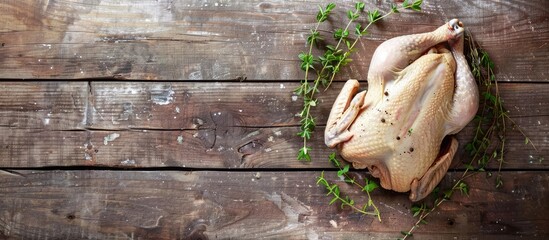 Fototapete - Organic whole broiler chicken on a rustic table background with copy space image