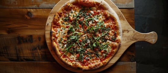 Poster - A wooden pizza plate on a kitchen table offers a copy space image seen from above serving as a mockup