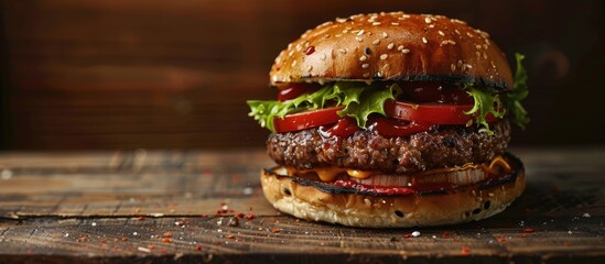 Poster - A freshly made burger is presented on a wooden surface with a dark background creating a visually appealing copy space image