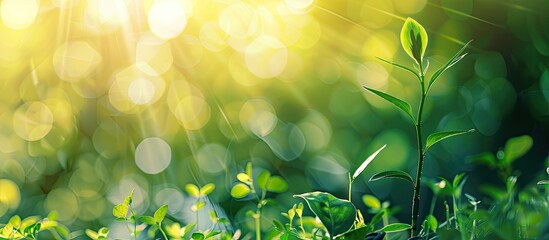 Poster - A young plant thrives in the morning light against a lush green bokeh backdrop symbolizing new life growth ecology and financial potential in a business setting perfect for copy space images