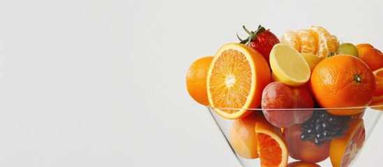 Leinwandbilder - A glass filled with fresh oranges and assorted fruits set against a white backdrop perfect for a copy space image