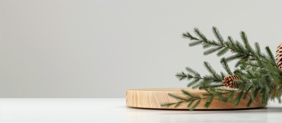 Poster - Mock up a wooden podium next to a spruce branch on a white backdrop ideal for eco friendly face and body care products with a copy space image available