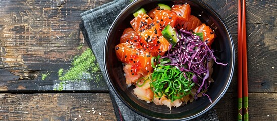 Poster - A poke bowl displayed from above on a wooden surface featuring chopsticks beside it This dish combines Native Hawaiian and Japanese culinary influences with open space for additional elements in the i