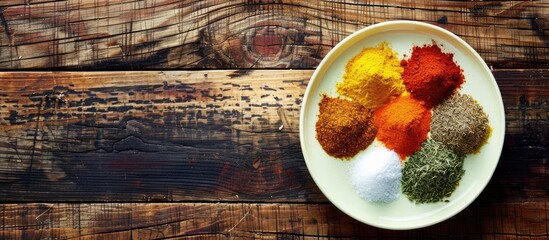 Leinwandbilder - A colorful array of spices on a white plate set against a wooden backdrop provides ample copy space for text in the image