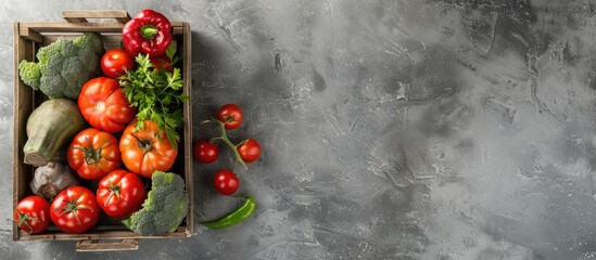 Wall Mural - Top view of a wooden box filled with fresh organic vegetables on a gray concrete background with room for text or images copy space image