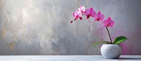 Wall Mural - Orchid in a simple pot placed on a table with available copy space image