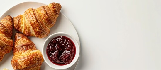 Aufkleber - Flatlay of fresh croissants with jams and butter creating a morning meal concept on a white background Ideal copy space image