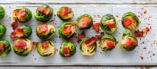Aufkleber - Flat lay of bacon topped Brussels sprouts on white wooden surface featuring copy space image
