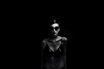 Fashion Model. Fashionable female wearing black dress, sunglasses and jewelry on black background. Fashion portrait of a beautiful woman in sunglasses on a black background with copy space. 