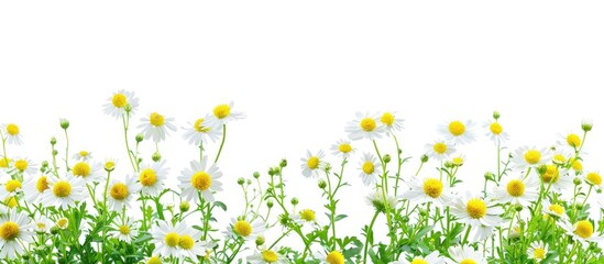 Wall Mural - Floral feverfew blooms on a white background in a vibrant copy space image