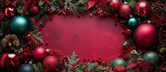 Leinwandbilder - Christmas composition with a festive frame made of holiday ornaments around a central copy space image