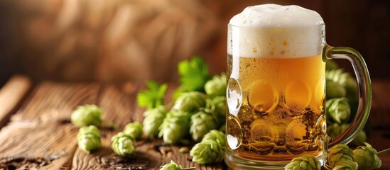 Aufkleber - Close up of a glass mug filled with light beer and topped with frothy white foam garnished with ripe green hops fruits on a brown backdrop with copy space image