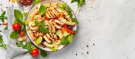 Aufkleber - Healthy chicken salad served with pasta and vegetables beautifully displayed for a top down view with copy space image