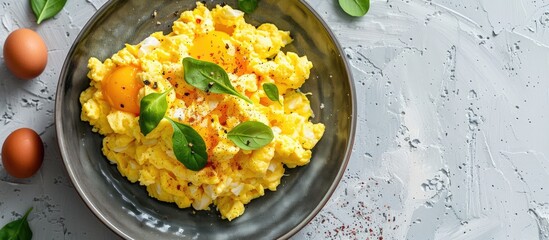 Aufkleber - Scrambled eggs a healthy breakfast option Close up view with copy space image for those who prefer healthy eating with fresh ingredients