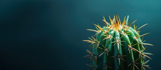 Poster - Selective focused macro shot of a cactus against a dark blue wall creating an abstract plant background with room for text or graphics. with copy space image. Place for adding text or design