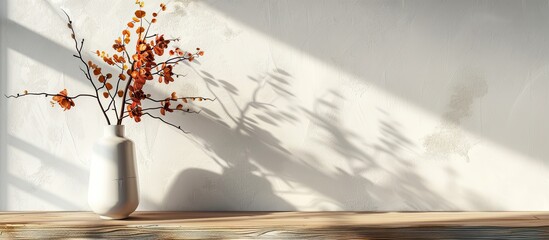 Poster - White vase with an autumn bouquet placed on a wooden shelf in a white interior all against a backdrop that features copy space image