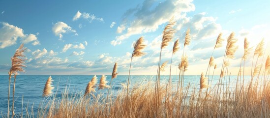 Wall Mural - Scenic view of reeds by serene ocean under blue sky with clouds perfect as a copy space image