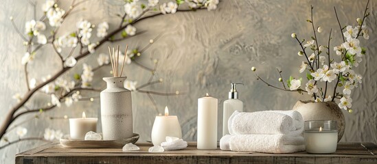 Poster - Items for a calming spa ambiance such as candles wipes and bottles placed near the copy space image