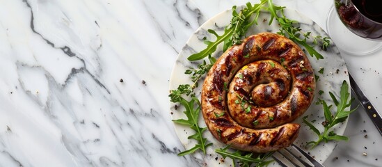 Aufkleber - Spiral grilled sausage with veggies and herbs accompanied by a glass of red wine and cutlery set on a marble table with copy space image