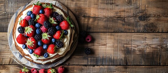 Leinwandbilder - Delectable homemade cake topped with fresh berries displayed on a rustic wooden table with a blank space for text or image insertion. with copy space image. Place for adding text or design