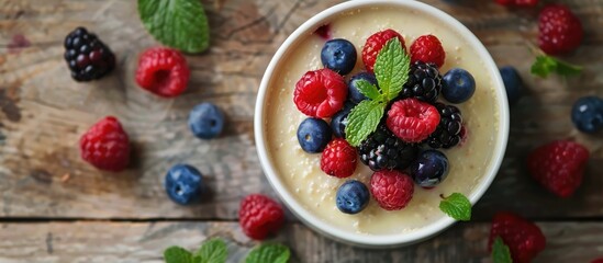 Aufkleber - Semolina pudding topped with fresh berries displayed on a wooden surface ideal for a copy space image