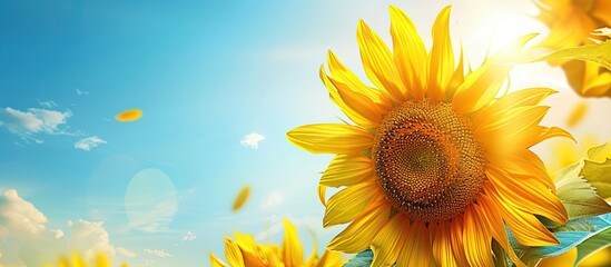 Wall Mural - A vibrant sunflower blossoms under a clear blue sky creating a picturesque image with copy space