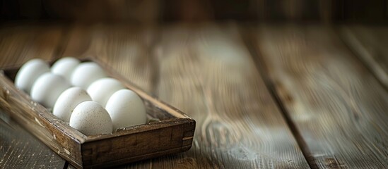 Poster - White eggs on a wooden table in a tray with copy space image