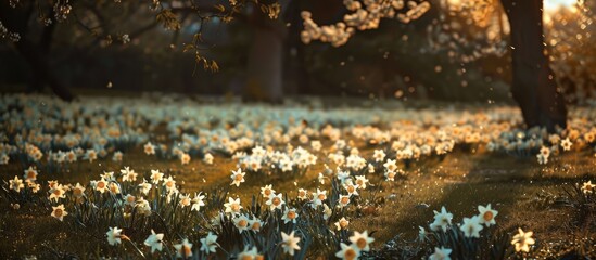 Aufkleber - Daffodils scattered in the park featuring a white and yellow color palette and providing copy space image