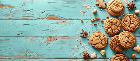 Aufkleber - Light blue wooden planks backdrop featuring ginger cookies with ample copy space image